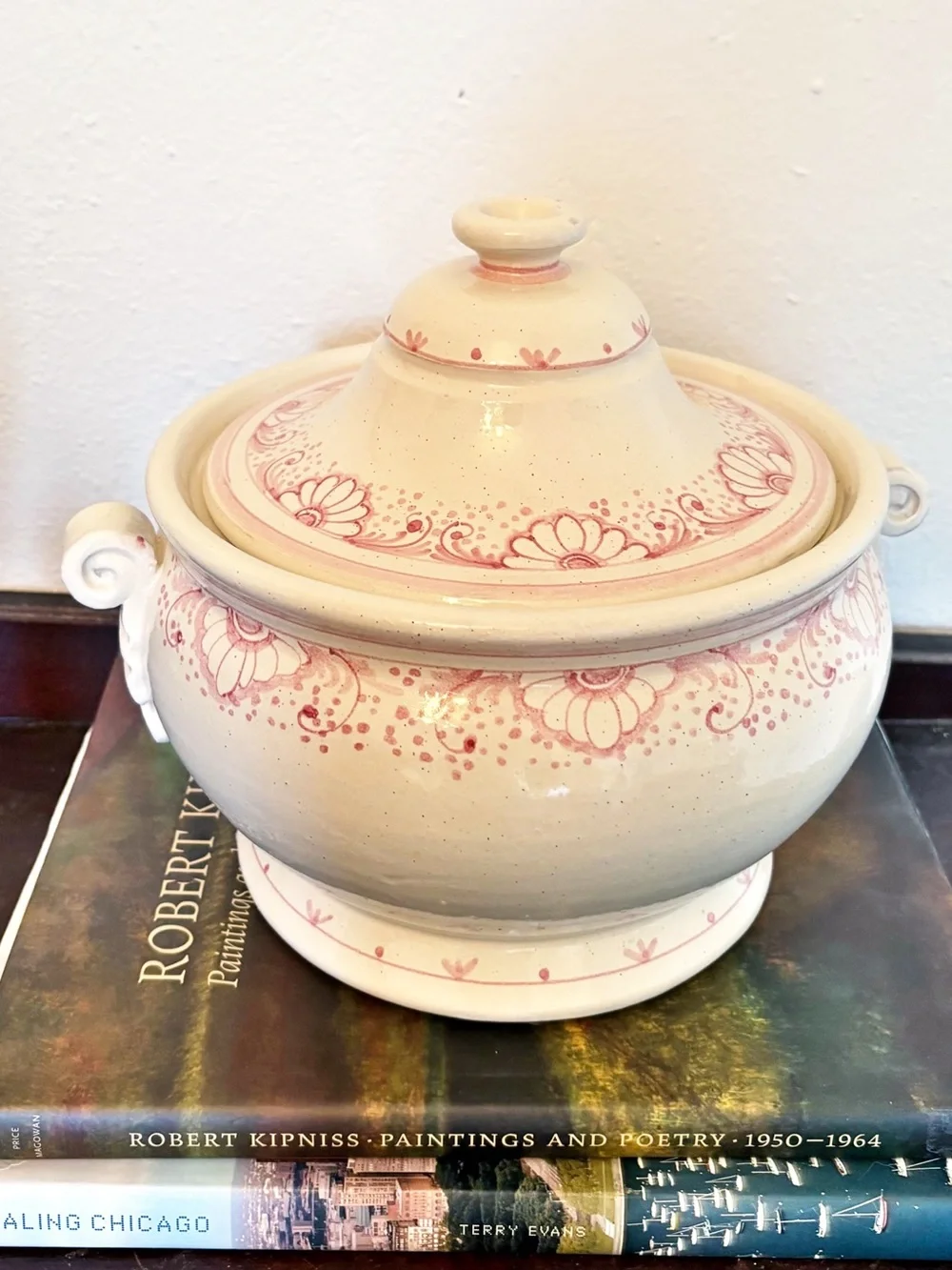 Vintage || Hand Painted Soup Tureen Lidded Floral Cream Pink Italy